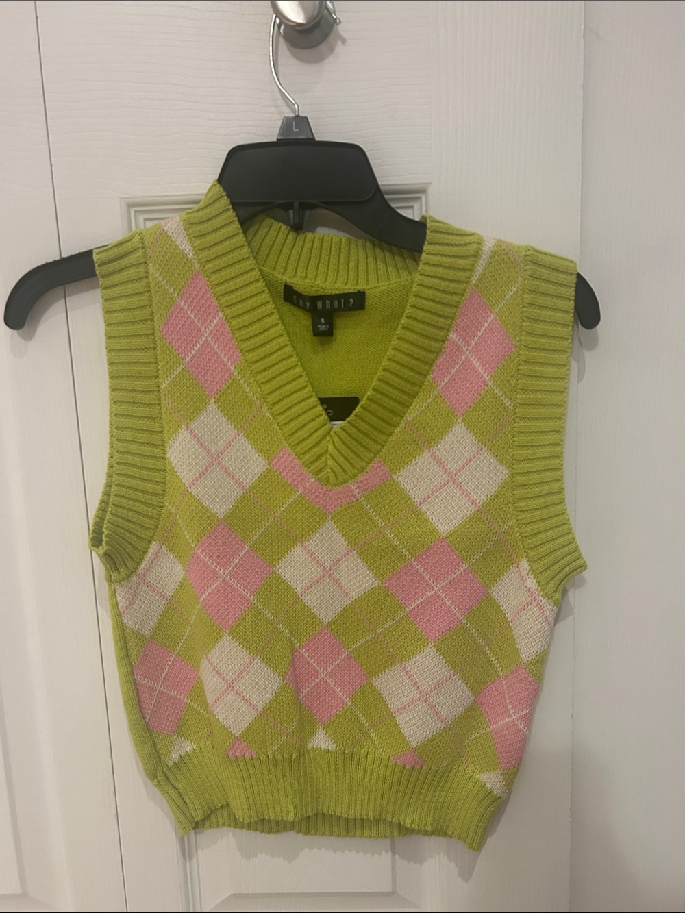Say What? Argyle V-Neck Sweater Vest in Lime Green and Pink